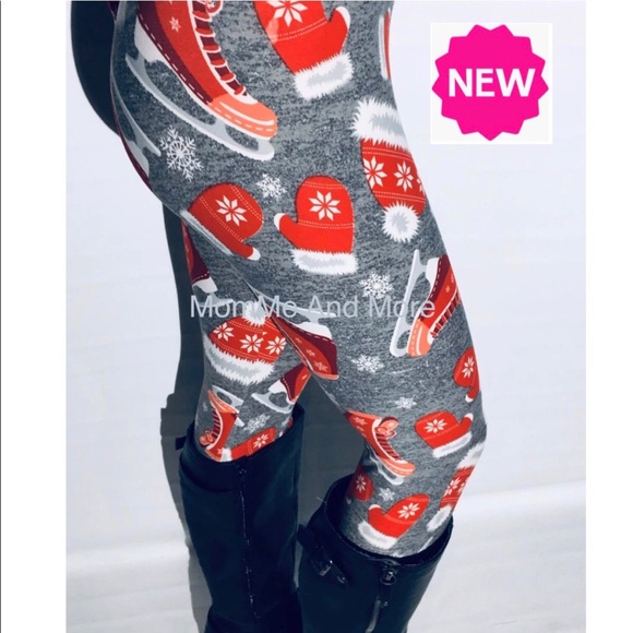 Plus ⭐SALE ⭐NEW Womens Christmas Ice Skate Mitten Print Leggings Soft Yoga Pants - Picture 4 of 6